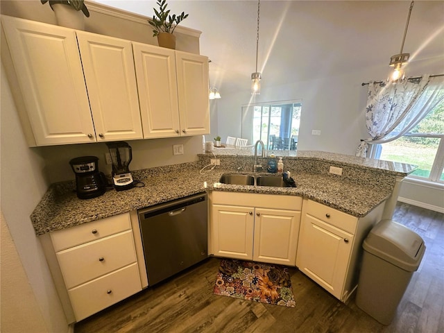 kitchen with dark wood-style floors, a sink, a peninsula, and stainless steel dishwasher