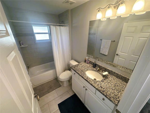 full bathroom featuring shower / bath combo, visible vents, vanity, and toilet