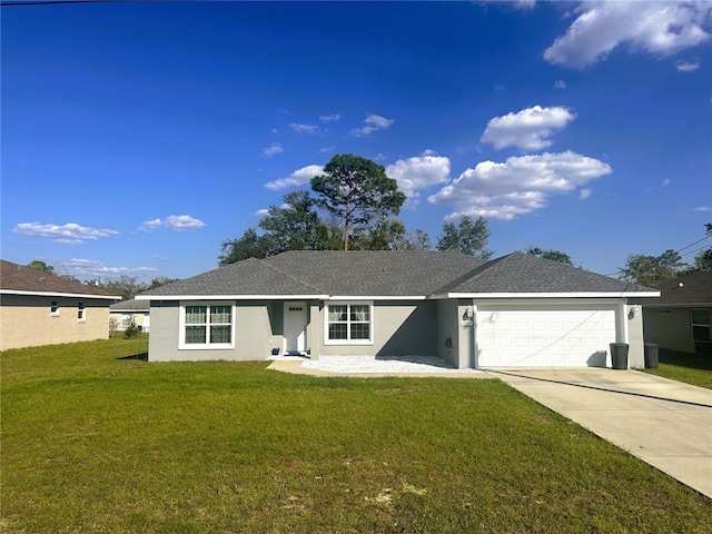 ranch-style home featuring a garage, driveway, a front lawn, and stucco siding