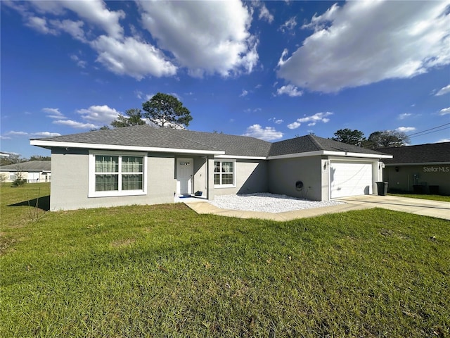 ranch-style home with a garage, a shingled roof, driveway, stucco siding, and a front yard