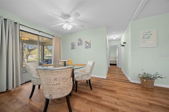 dining area featuring ceiling fan, wood finished floors, and baseboards