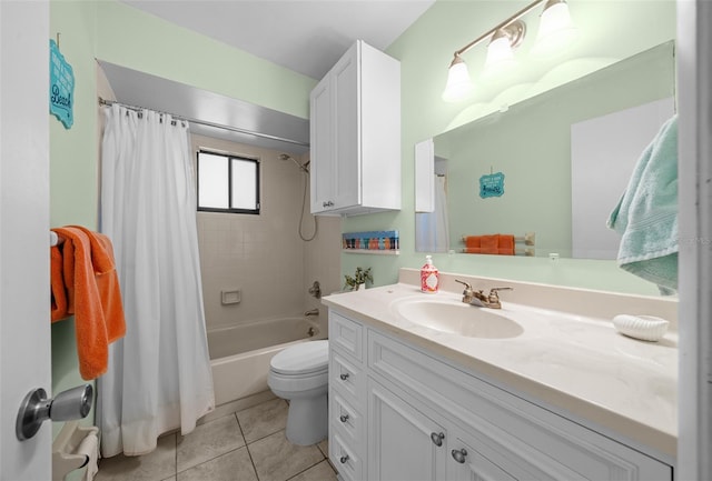 full bathroom with toilet, shower / bathtub combination with curtain, vanity, and tile patterned floors