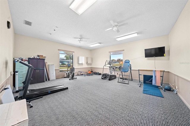 workout area with carpet, visible vents, ceiling fan, and a textured ceiling