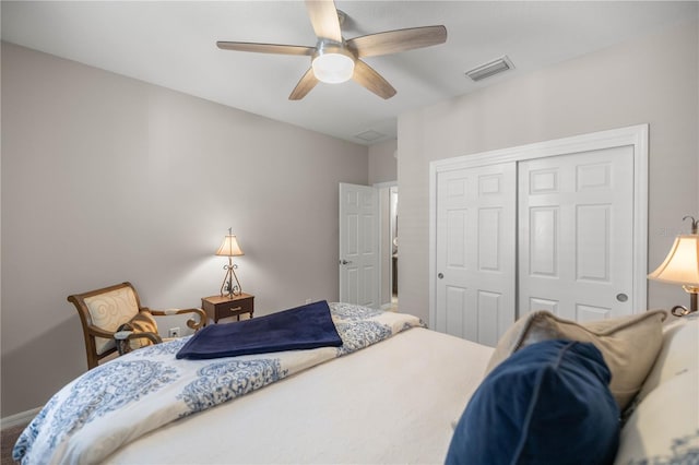 bedroom featuring a ceiling fan, baseboards, visible vents, and a closet