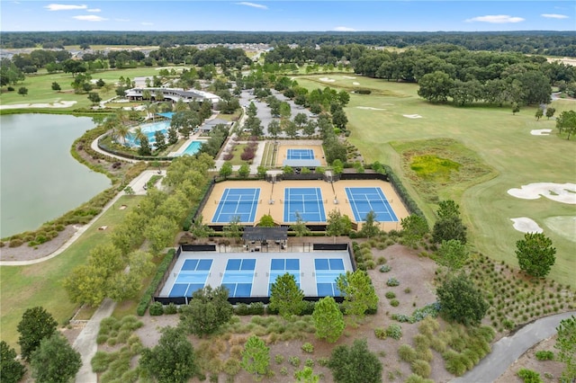 aerial view with a water view and golf course view