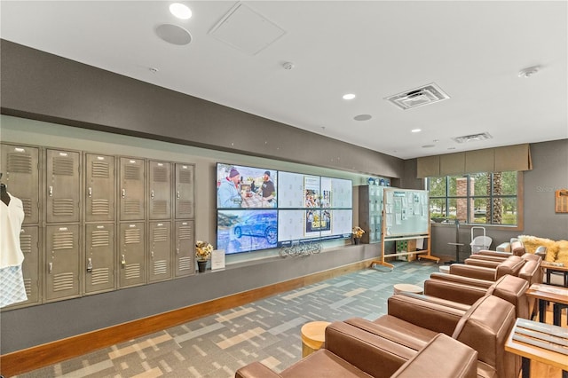 home theater featuring carpet, visible vents, and baseboards