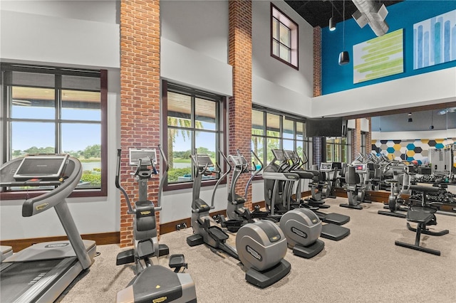 workout area featuring a towering ceiling, baseboards, and carpet floors