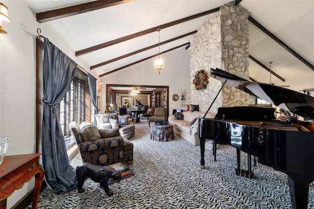 living area with carpet floors, high vaulted ceiling, beam ceiling, and ceiling fan with notable chandelier