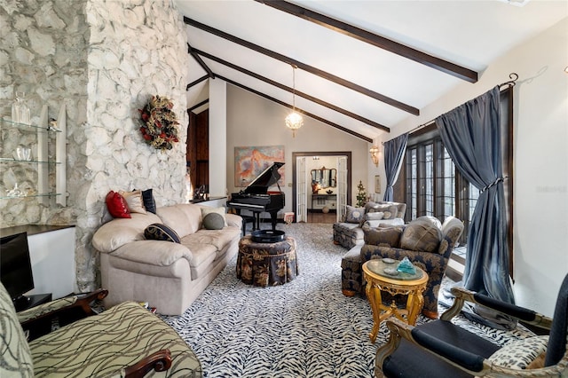 carpeted living room featuring high vaulted ceiling and beam ceiling