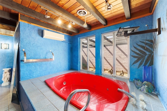 miscellaneous room featuring track lighting, wood ceiling, beamed ceiling, a wall mounted air conditioner, and a hot tub