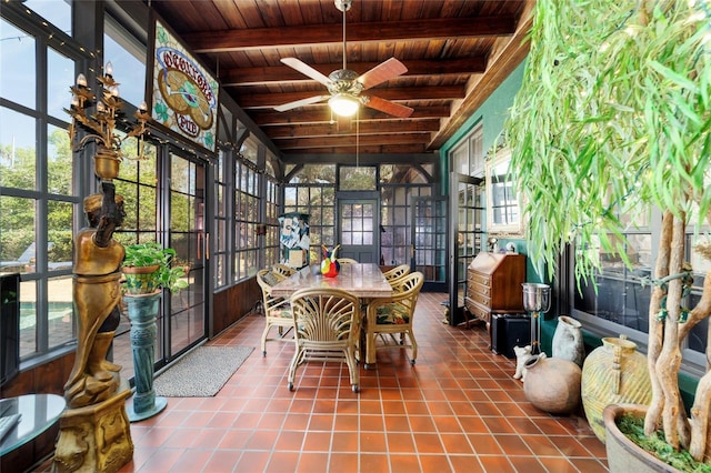 sunroom / solarium with wooden ceiling, a healthy amount of sunlight, beamed ceiling, and ceiling fan