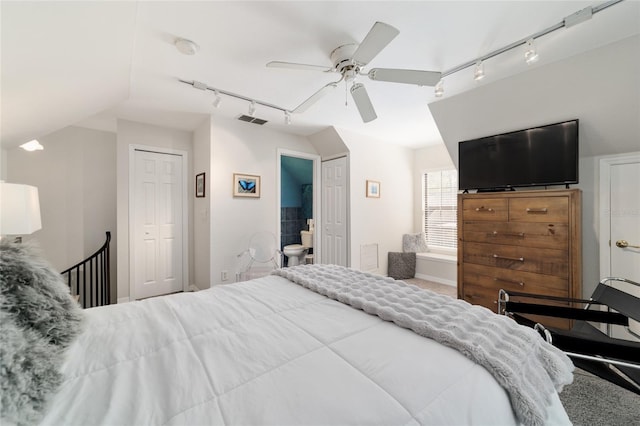 bedroom featuring visible vents and ceiling fan