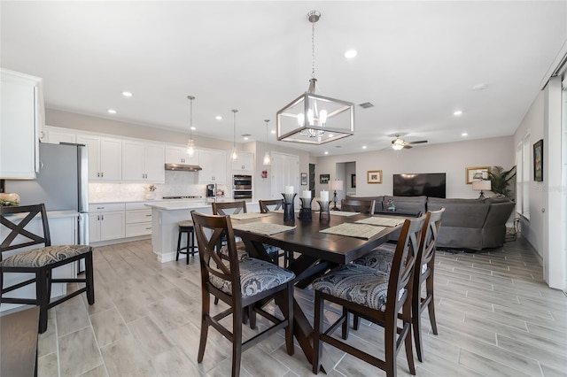 dining area with recessed lighting, visible vents, ceiling fan, and wood finish floors