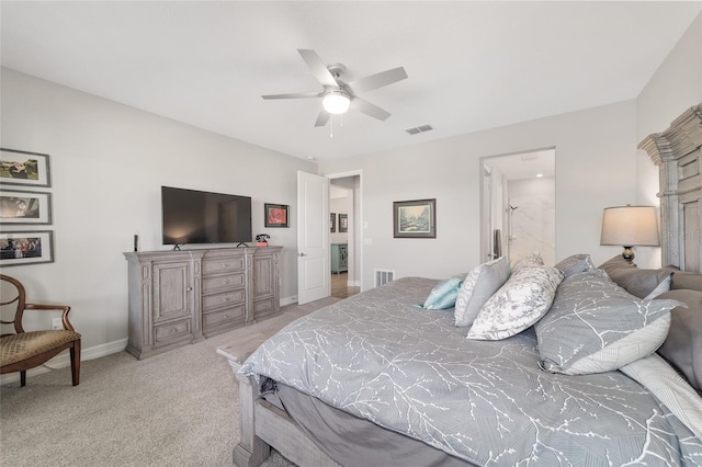 bedroom with baseboards, a ceiling fan, visible vents, and light colored carpet