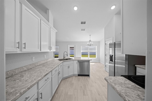 kitchen with a peninsula, a sink, visible vents, white cabinetry, and appliances with stainless steel finishes