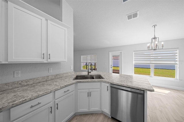 kitchen with a peninsula, a sink, visible vents, white cabinetry, and dishwasher