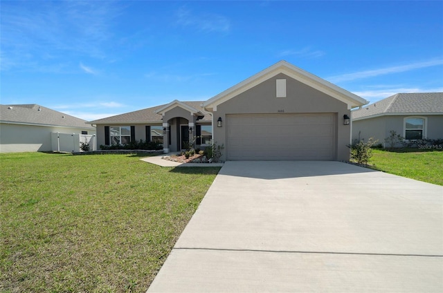 ranch-style home featuring stucco siding, a front yard, concrete driveway, and an attached garage