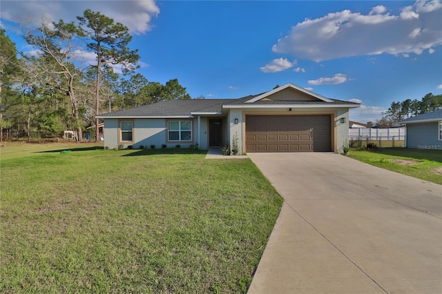 single story home featuring stucco siding, fence, a garage, driveway, and a front lawn