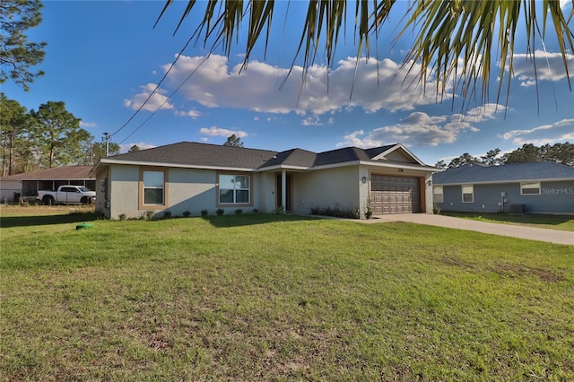 ranch-style home with a garage, driveway, central AC unit, a front yard, and stucco siding