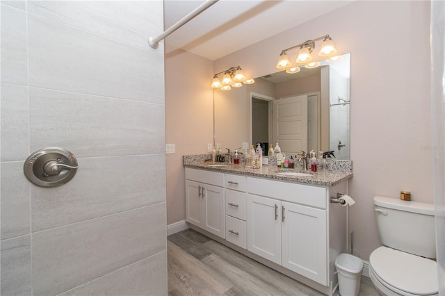 bathroom with a sink, double vanity, toilet, and wood finished floors