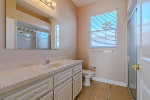 full bathroom featuring toilet, a shower stall, vanity, tile patterned flooring, and baseboards