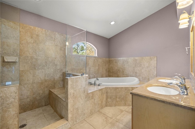 full bathroom with a walk in shower, a sink, tile patterned flooring, and a bath