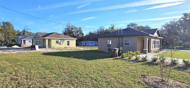 view of home's exterior with a yard and stucco siding