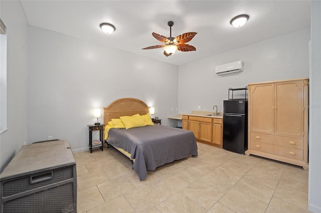 bedroom featuring light tile patterned floors, freestanding refrigerator, an AC wall unit, ceiling fan, and a sink