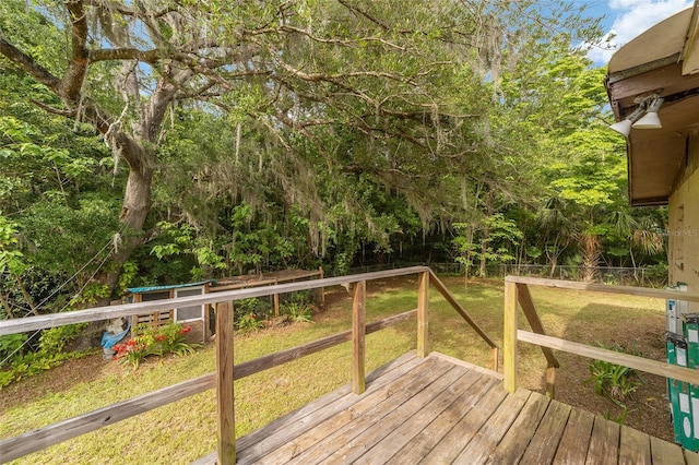 wooden terrace featuring a fenced backyard and a yard