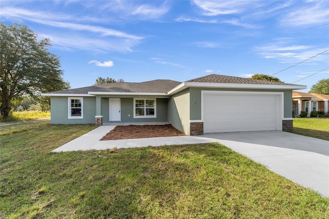 ranch-style house featuring a garage, driveway, a front lawn, and stucco siding