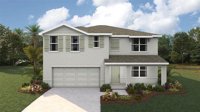 view of front facade with roof with shingles, stucco siding, an attached garage, driveway, and a front lawn