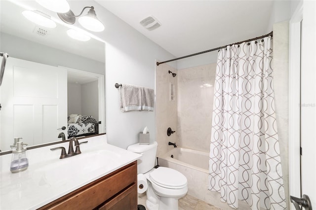 ensuite bathroom featuring visible vents, shower / bathtub combination with curtain, toilet, vanity, and ensuite bath