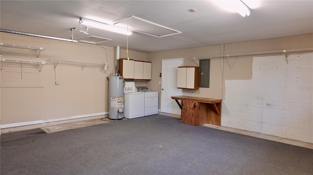 interior space featuring electric panel, concrete block wall, water heater, and independent washer and dryer