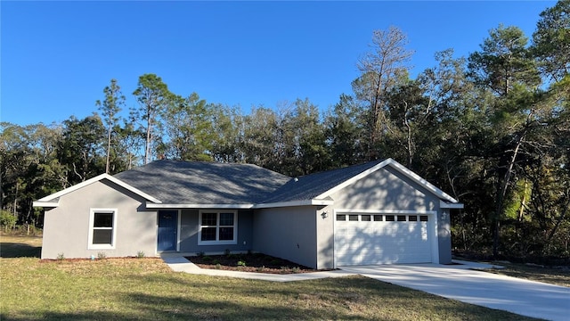 ranch-style house with a garage, driveway, a front lawn, and stucco siding