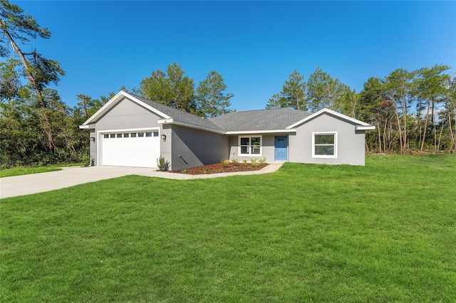 114 Bay Dr, Ocklawaha, FL 32179 - ranch-style home with an attached garage, a front lawn, concrete driveway, and stucco siding
