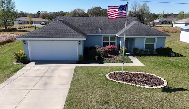 ranch-style house featuring driveway, roof with shingles, an attached garage, a front yard, and stucco siding