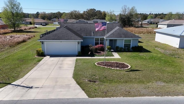 ranch-style house featuring driveway, a garage, a shingled roof, a front yard, and stucco siding