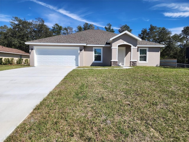 ranch-style house featuring a front lawn, concrete driveway, roof with shingles, stucco siding, and a garage