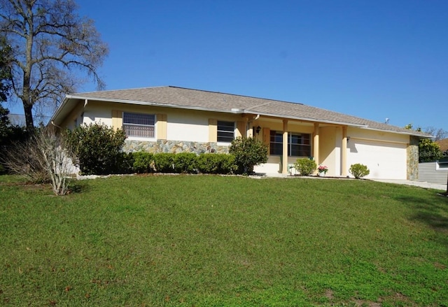 ranch-style house featuring a garage, stone siding, a front lawn, and stucco siding