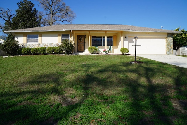 ranch-style house featuring stone siding, a front lawn, and stucco siding