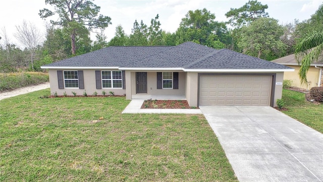 single story home with roof with shingles, stucco siding, a front yard, a garage, and driveway