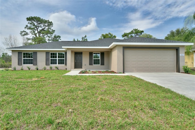 ranch-style house with roof with shingles, stucco siding, concrete driveway, an attached garage, and a front lawn