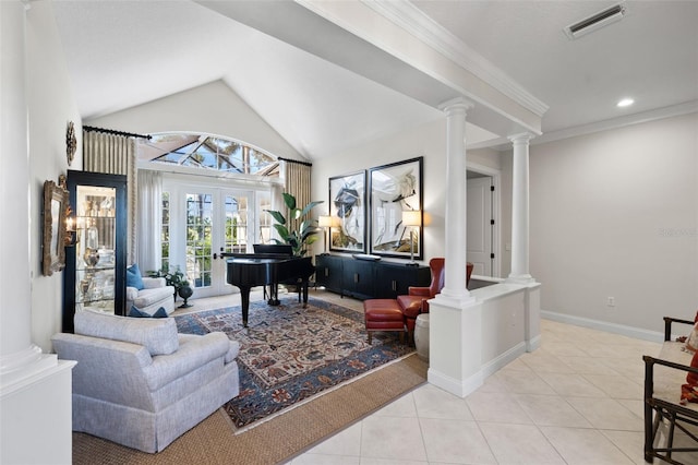 living area featuring light tile patterned flooring, visible vents, baseboards, french doors, and decorative columns