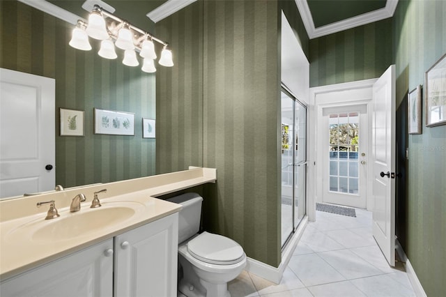 bathroom featuring wallpapered walls, a stall shower, baseboards, toilet, and tile patterned floors