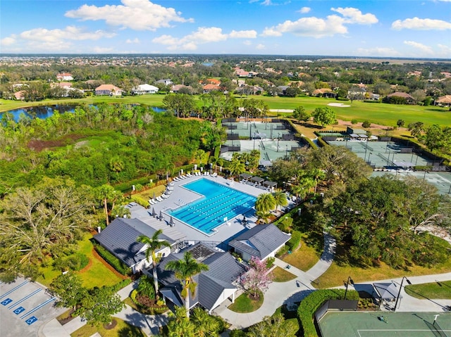 drone / aerial view with view of golf course