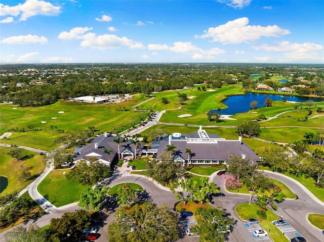 aerial view featuring view of golf course and a water view