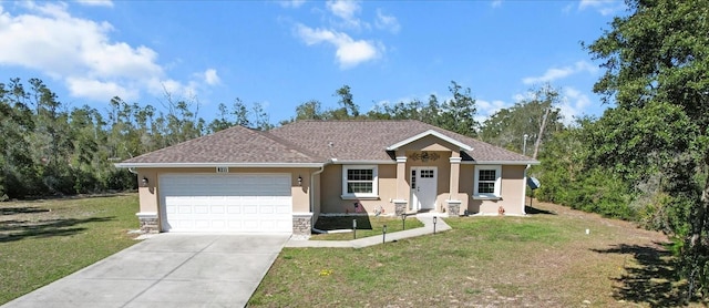 ranch-style home with an attached garage, a front lawn, stucco siding, stone siding, and driveway