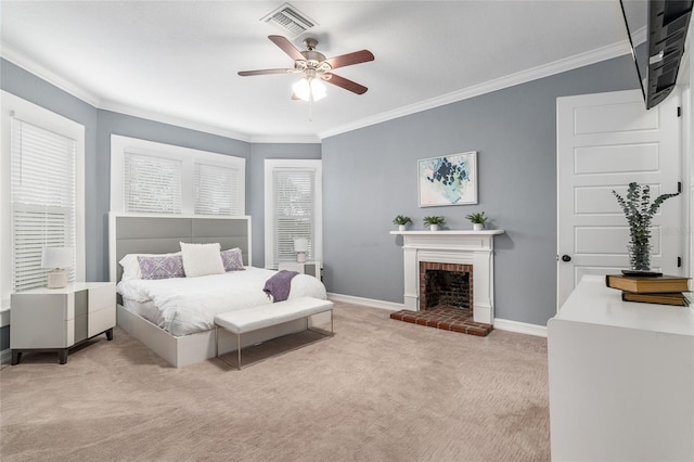 bedroom featuring a brick fireplace, light colored carpet, crown molding, and baseboards