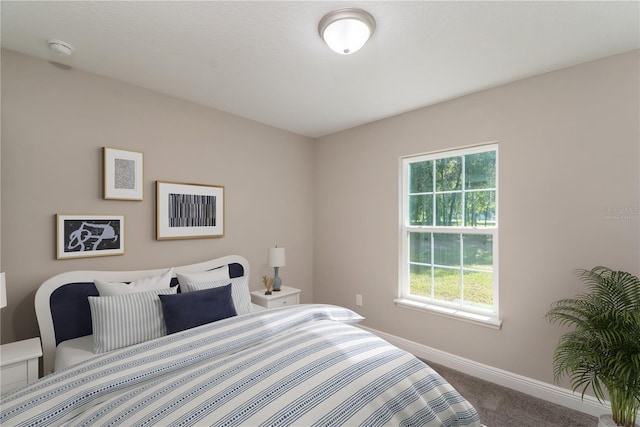 carpeted bedroom featuring multiple windows and baseboards