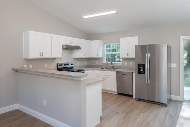 kitchen with light countertops, appliances with stainless steel finishes, white cabinets, a sink, and under cabinet range hood